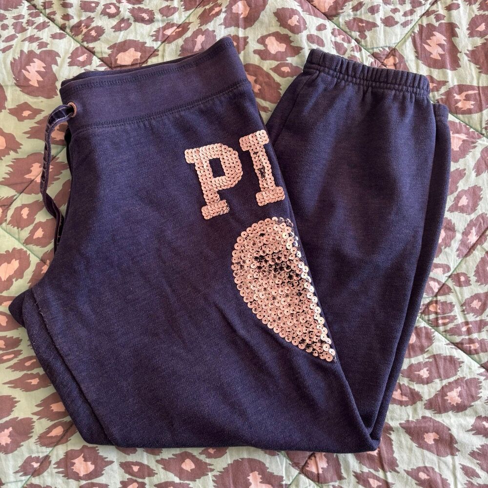 Victoria’s Secret PINK Sequin Bling Blue Capri Sweatpants Silver Heart SM